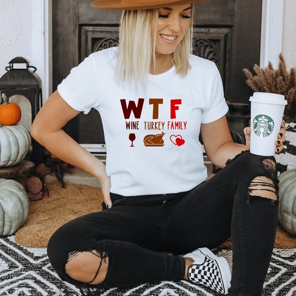 Hand Crafted Tops - Wine Turkey Family Thanksgiving WTF Family Women's Graphic Holiday T-Shirt